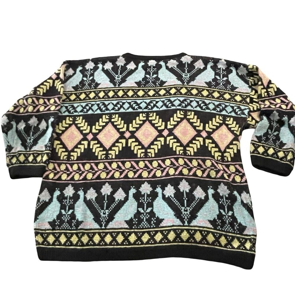 80s 90s Sweater Size L/XL New Wave Fair Isle Blue Bird Fuzzy Crewneck Pastel - Picture 2 of 9